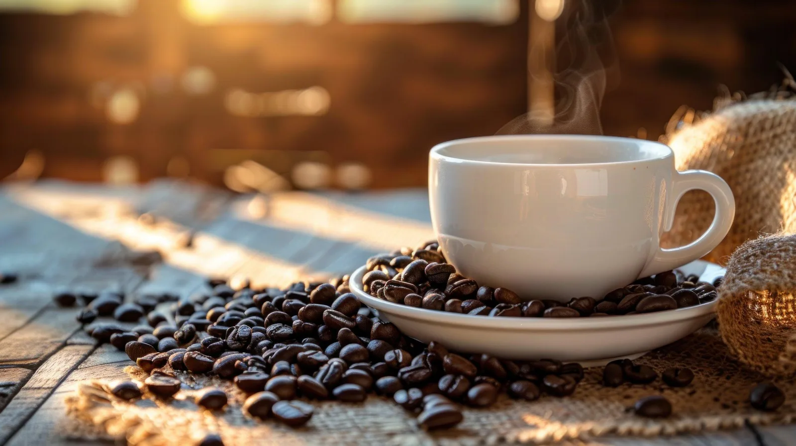 Kop koffie met koffiebonen op een houten tafel